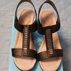Stylish Black Sandals with Silver Accents by St. John's Bay, size 6 1/2M.